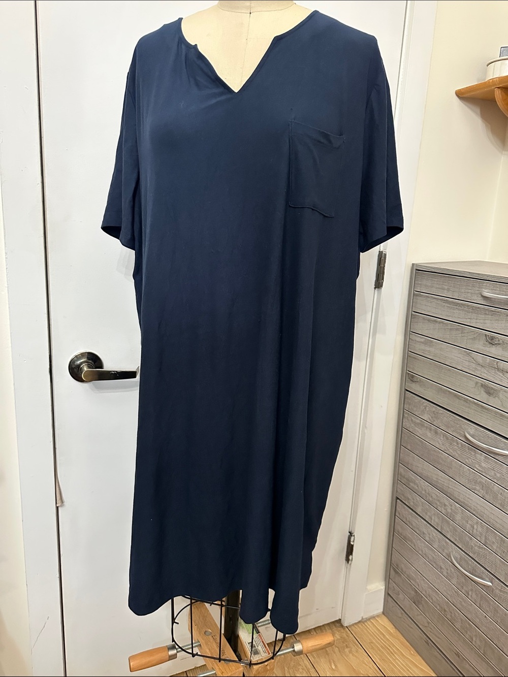 Jockey Navy V-Neck Short Sleeve Shift Dress with Chest Pocket